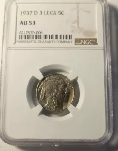 1937-D 3 Legs Buffalo Nickel NGC AU-53-Original Problem Free (Investment Coin)