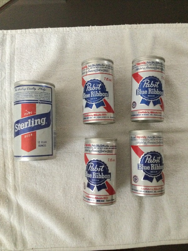 5 Vintage Beer Cans, 1 KY. Derby Sterling & 4 Pabst Blue Ribbon 7 Oz. 1970’s, VG