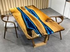 Blue Ocean Epoxy Resin Dining Center Table Top, Wooden Epoxy Desk, Custom Decor