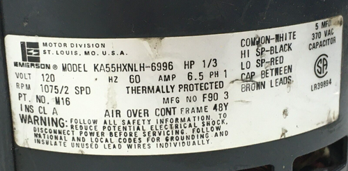 EMERSON KA55HXNLH-6996 Blower Motor 1/3 HP 1075 RPM 2 SPD 120 V used #MC236 - Picture 3 of 4