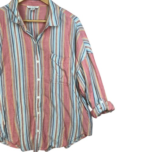 American Eagle Womens Pink Stripe Viscose Linen Blend Lightweight Button Down M - Picture 4 of 6