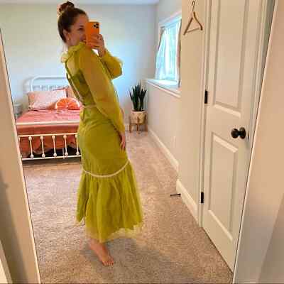 chartreuse dress long sleeve ASOS DESIGN metallic long sleeve midi dress with frill cuffs in chartreuse