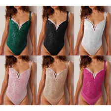Women Bodysuit Wide Shoulder Straps Leotard Club Jumpsuit Glitter Costume Date