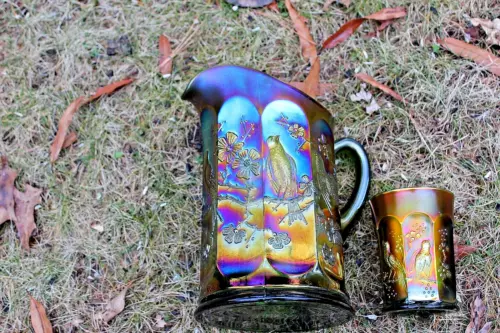 ANTIQUE NORTHWOOD SINGING BIRDS CARNIVAL PITCHER & TUMBLER, OLIVE GREEN - RARE