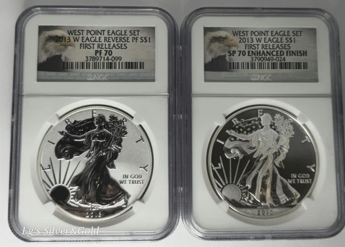 2013 W REVERSE PROOF SILVER EAGLE NGC PF70 & ENHANCED SP70 2 COIN WEST POINT SET