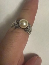 925 Sterling Silver Cultured Pearl Ring Size 9 White Pearl. SIGNED MD