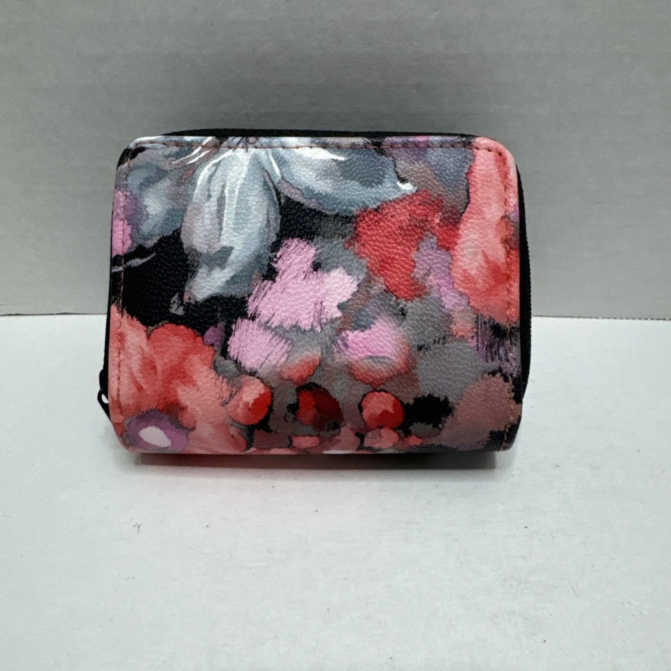 Carteira de couro acordeão Buxton RFID Wizard vermelha e preta floral 2 zíperes nova sem etiquetas - Imagem 2 de 4