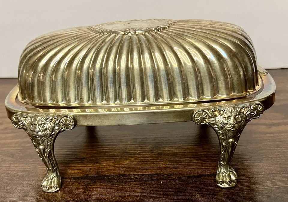 Plato de mantequilla enchapado en plata FB Rogers de colección cúpula oscilante cabeza de león patas con garras Foto 3 de 4