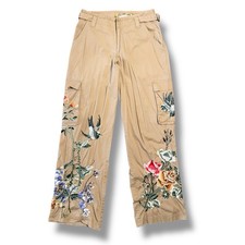 Johnny Was BIYA Tan Khaki 2 Cargo Mid-Rise Y2K Floral Embroidered Pants READ 