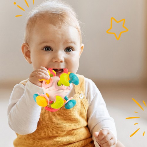 Malplay Sensory Ball Rassel Beißring Weiches bunt Babyspielzeug ab Geburt - Bild 10 von 12