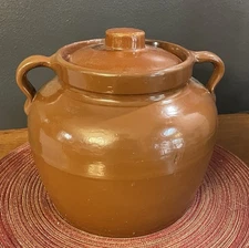 Vintage Brown Glaze Stoneware Crock Bean Pot With Handles and Lid Pottery