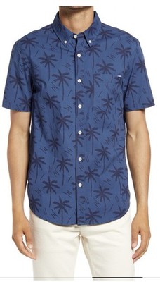 Chubbies Men's Large  The Smooth Operator  Navy Palm Tree Button Up Shirt, EUC