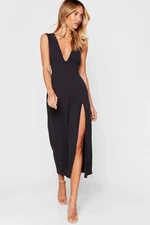 Nastygal Womens Midi Dress Black Plunging V Neck Thigh High Split Party Cocktail
