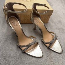 NEW Jewel Badgley Mischka Sandals Womens 9.5 Gold Kitten Heel Rhinestone Strappy