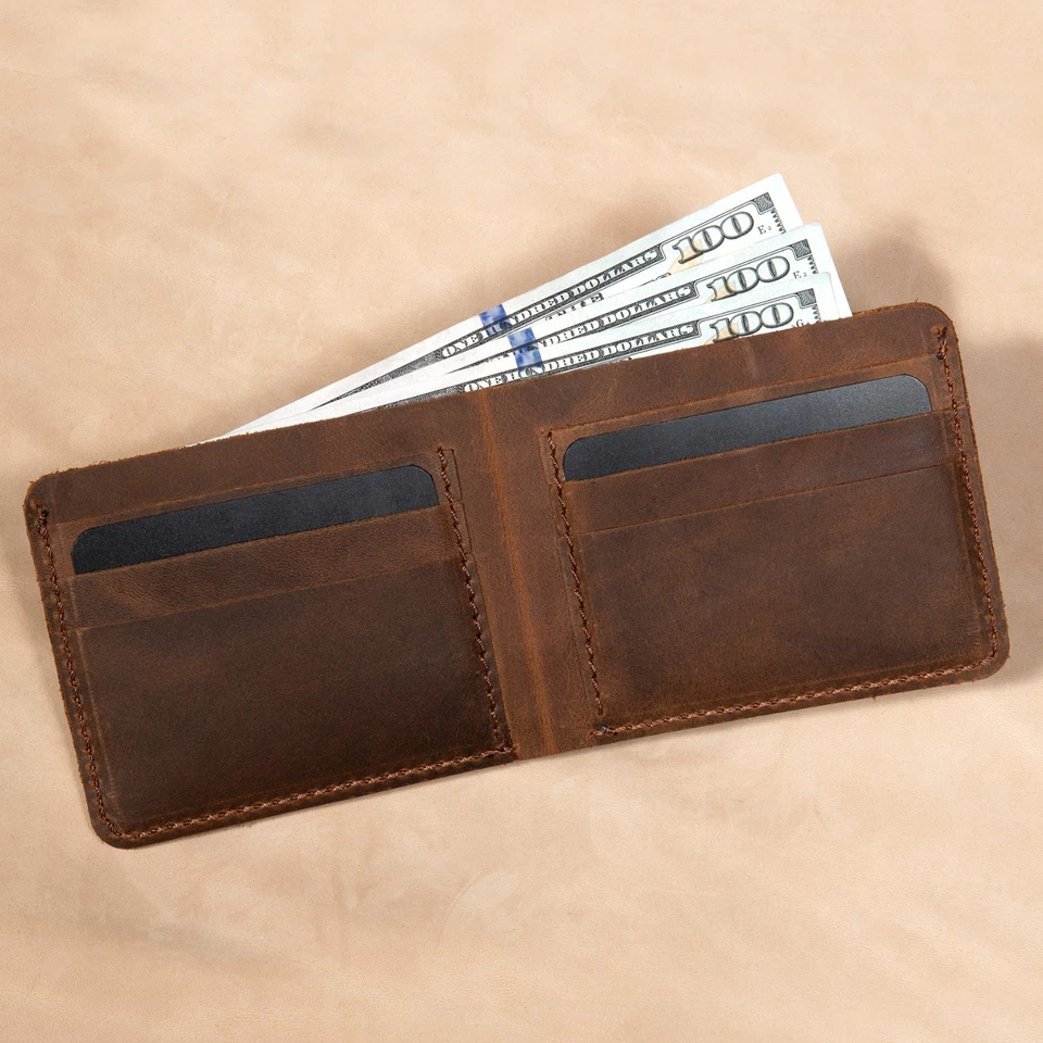 手工制作全粒面皮革双折 – 修身男式钱包带卡片和现金槽 — 第 2/4 张图片