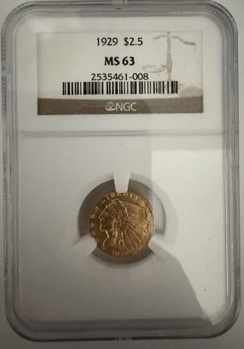 1929 $2.5 Indian Head Type Gold Quarter Eagle Coin MS 63