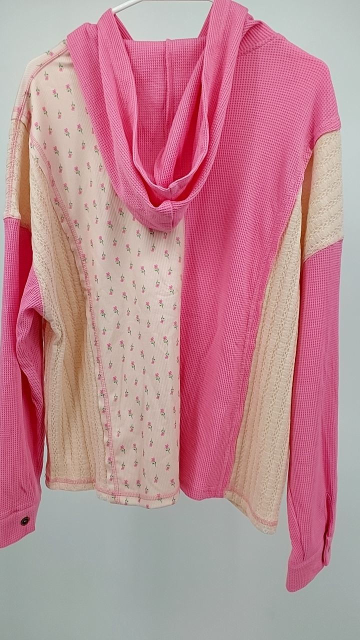 Mixed Texture Waffle Floral Patchwork Hooded Over… - image 3