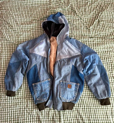 Carhartt Patchwork rework Denim Hooded Full Zip Lined Jacket Men’s M Blue