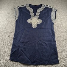 Tory Burch Tunic Womens M Navy Linen Caftan Embroidered V-Neck Short Sleeve