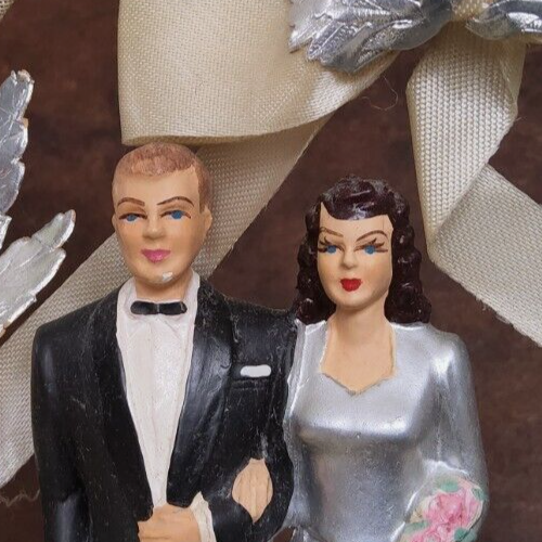 VTG WEDDING CAKE TOPPER, COAST BRIDE & GROOM 1940s Lace Heart 25th Anniversary - Picture 8 of 16