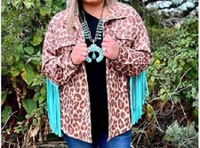 Sterling Kreek Jacket With Turquoise Fringe In Leopard Print - Size Xs