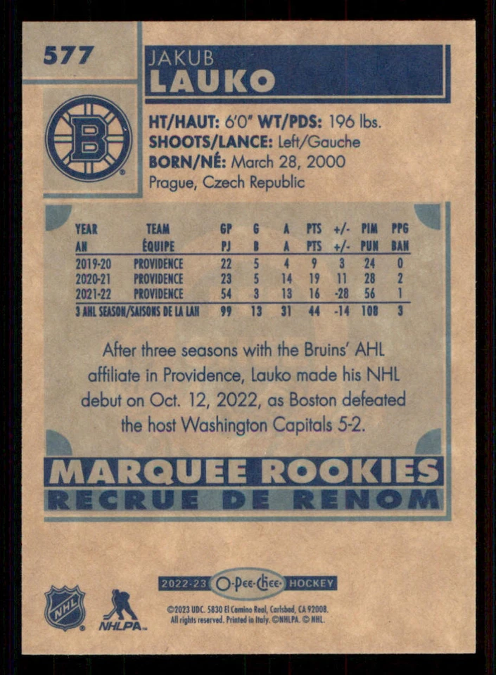 2022-23 O-Pee-Chee Retro #577 Jakub Lauko - Image 2 of 2
