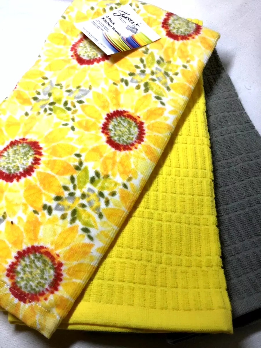 FIESTA KITCHEN TOWELS (3) SUNFLOWERS YELLOW RED 100% C0TTON NWT