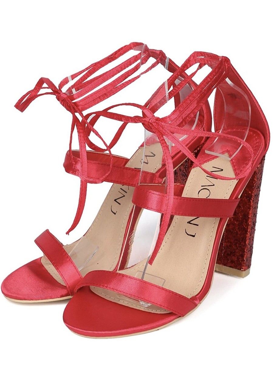 Red satin glitter block heels dress sandal Prom Homecoming Party