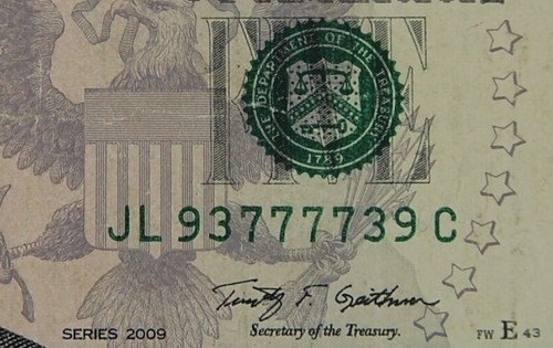$5 "Radar Note Trinary" Fancy Serial # "93777739" 2009 - Picture 5 of 5