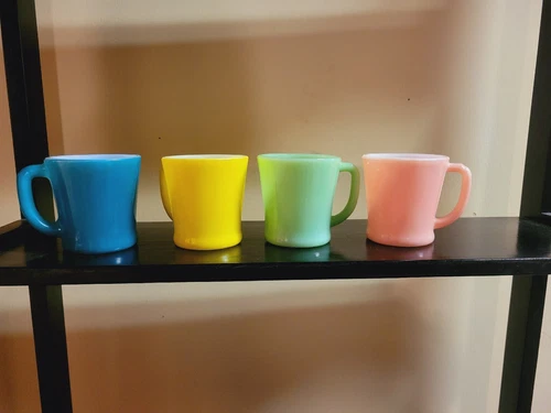 4 FIRE KING ANCHOR HOCKING D HANDLE MUGS PINK, JADEITE, TEAL,YELLOW 