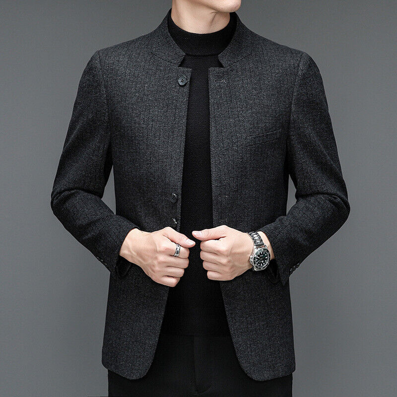 Mens Tweed Suit Blazer Jacket Coat Mandarin Collar Single Mens Tweed Suit Blazer Jacket Coat Mandarin Collar Single