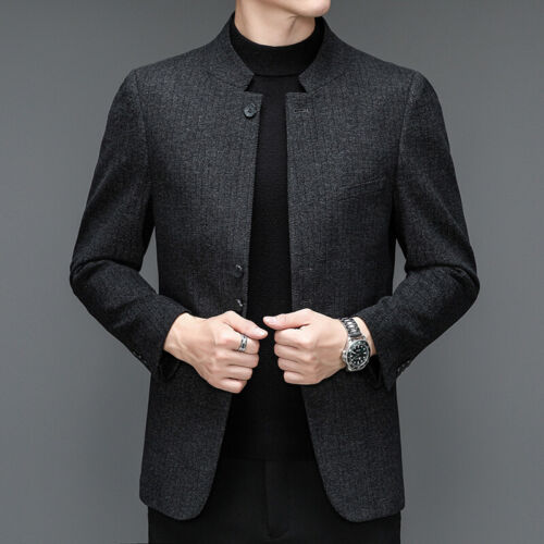 Men Formal Tweed Single-Breasted Suit Blazer Jacket Fit Coat Top Mandarin Collar - Bild 9 von 14