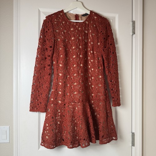 ZARA Crochet Lace Dress Sz L Red Mini Cocktail Party Long Sleeve Fit & Flare - Picture 4 of 18