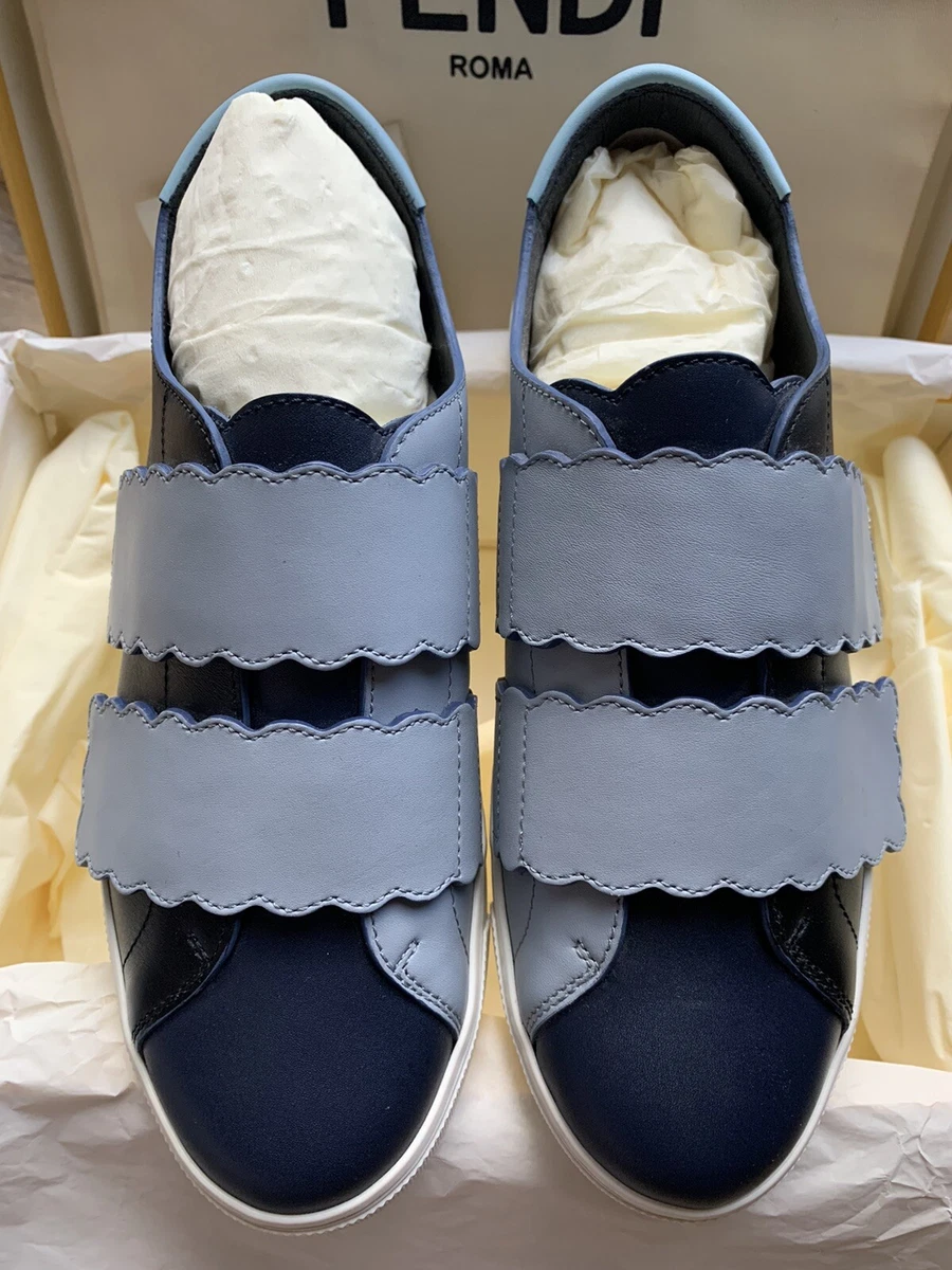 NIB Auth. Fendi Scallop Blue Two Tone Low Top No Lace Leather