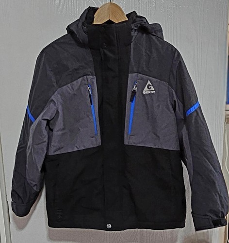 GERRY Double Zip Ski Jacket Youth Detachable Hood Black Gray Blue Medium 10/12