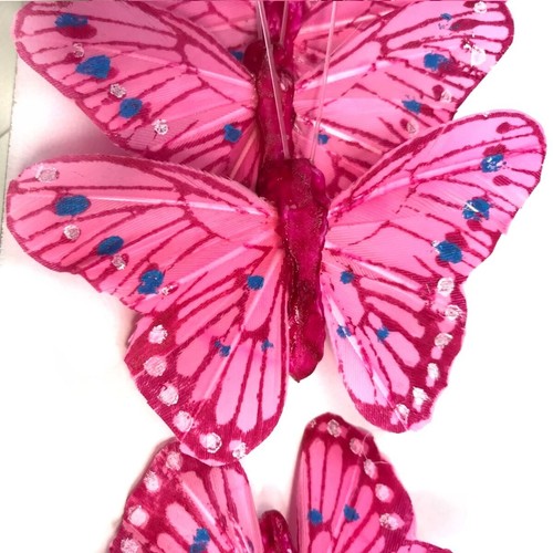 12 Pink Butterfly Decorations on Wire Stems - Floral Flower Craft Decorations - Picture 3 of 4