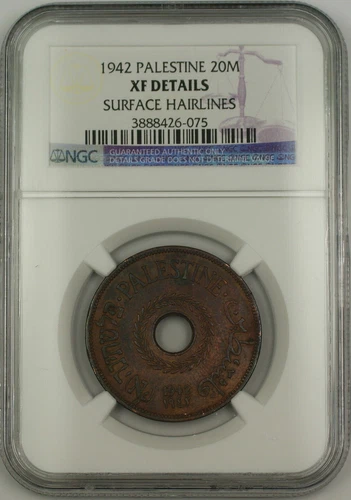 1942 Palestine 20M Twenty Mils Coin NGC XF Details Surface Hairlines