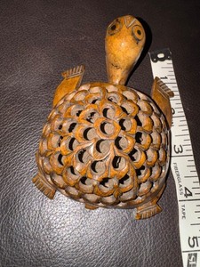 Wood Icon Turtle Carving Lattice Shell Handmade 4” Leaf Signature