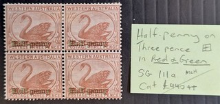 1895 Western Australia Nlk 4xGreen&red 1/2d O/P on 3d cinnamon Swan stamps Mint