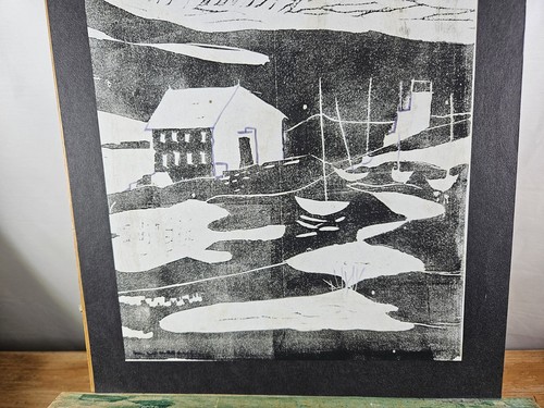 MOLLIE WALLACE ORIGINAL LINOCUT PRINT COASTAL SCENE BLACK & WHITE BRITISH ART - Picture 5 of 24