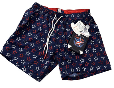 Broken Threads Swim Trunks & Koozie Mens L Patriotic Stars Print USA New $40