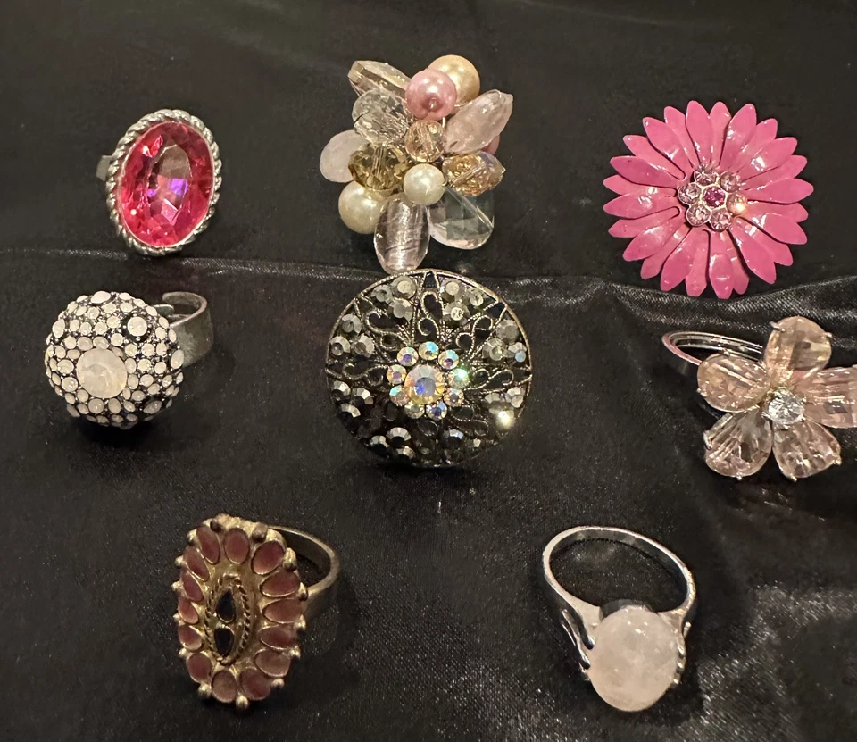 Lote de 8 anillos de cóctel rosa elásticos/ajustables de moda vintage Foto 3 de 4