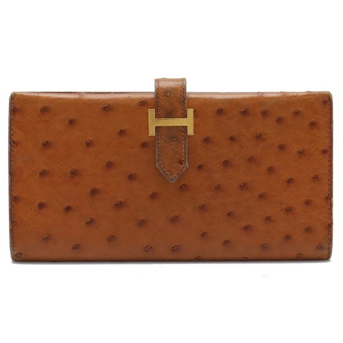 HERMES Bean Bifold Wallet Bifold Wallet Ostrich Leather Light Brown Gold