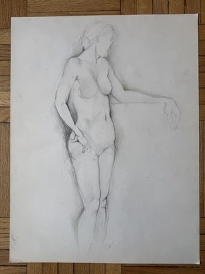 Vintage 1960s Academic Fine Line Figure Study Pencil Drawing Woman 18 x 23.5