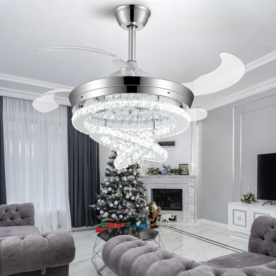 Modern 42" Crystal Chandelier silver Ceiling Fan Light w/Remote Control - Image 3 of 4