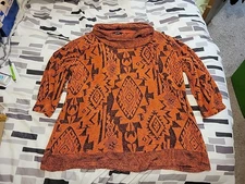 Ali Miles Women’s Sweater Sz XL Orange Black Cowl Neck Lagenlook Art to Fuzzy 