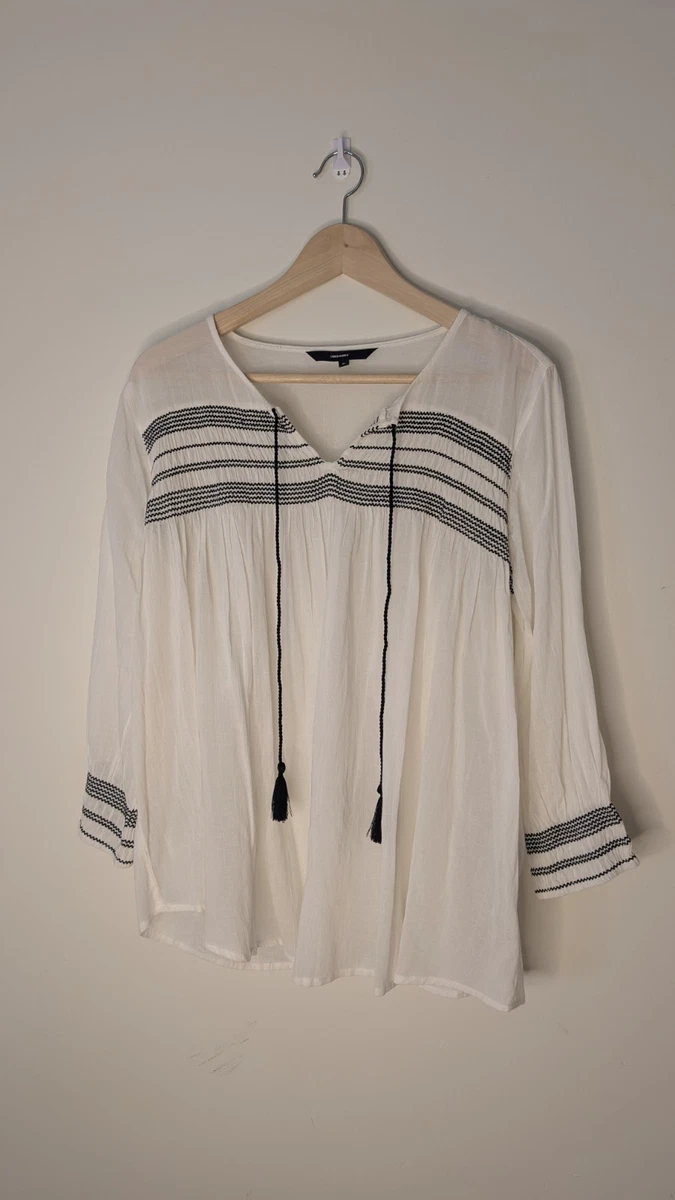 VERO MODA Women's Peasant Blouse V-Neck Long Sleeve Striped Tassel Tie XL