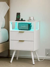 Nightstand with Charging Station and LED Lights, Modern Bedside Table with 2 ...