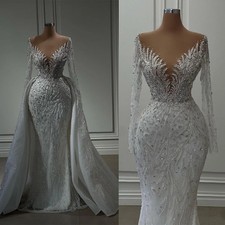 Gorgeous Crystal Mermaid Wedding Dress V-neck Detachable Train Lace Bridal Gown