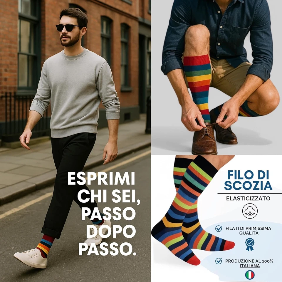 6 Paia Calze Uomo Lunghe Filo Di Scozia Fantasia Cotone Colorate Pois Righe Dise - Immagine 4 di 4